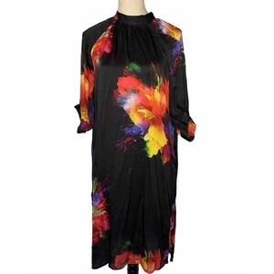 Rareism Jovi Modal Satin Black Multicolor Designer Dress S **note tear in back*